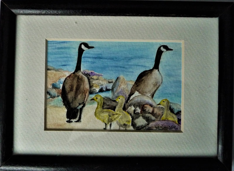 Watercolor on paper, 5"x7" framed,  A FAMILY SWIM, $55, by msmiskocreations
msmisko@yahoo.ca