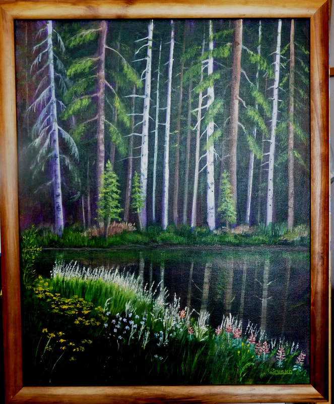 Acrylic, 22" x 17" framed, CYPRESS HILLS FOREST REFLECTED, $425,by msmiskocreations, msmisko@yahoo.ca