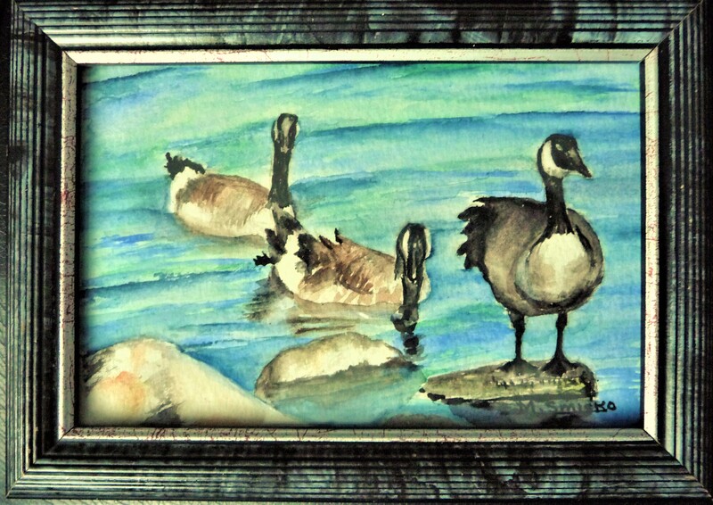 Watercolor on paper, 4"x6" framed, OUT FOR A SWIM, $50, by msmiskocreations,
msmisko@yaho.ca