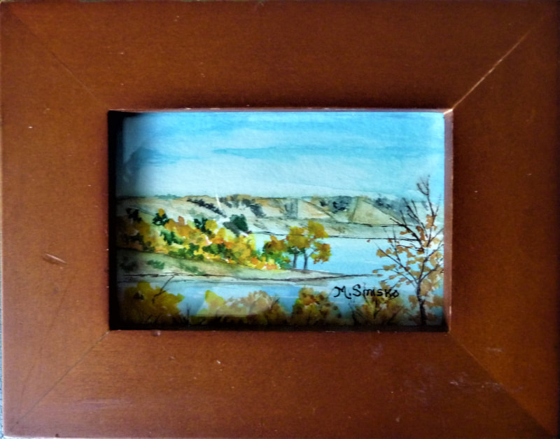 Watercolor on paper, framed 2 1/2" x 3 1/2", QU'APPELLE VALLEY, $45, by msmiskocreations
msmisko@yahoo.ca